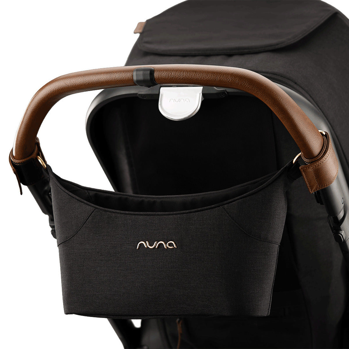 Nuna Stroller Organizer Bag, Front View attached to Stroller, Caviar