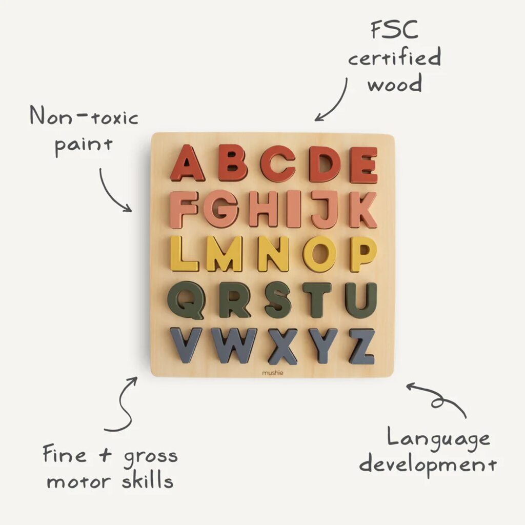 Mushie Wooden Alphabet Puzzle, Infographic - ANB Baby