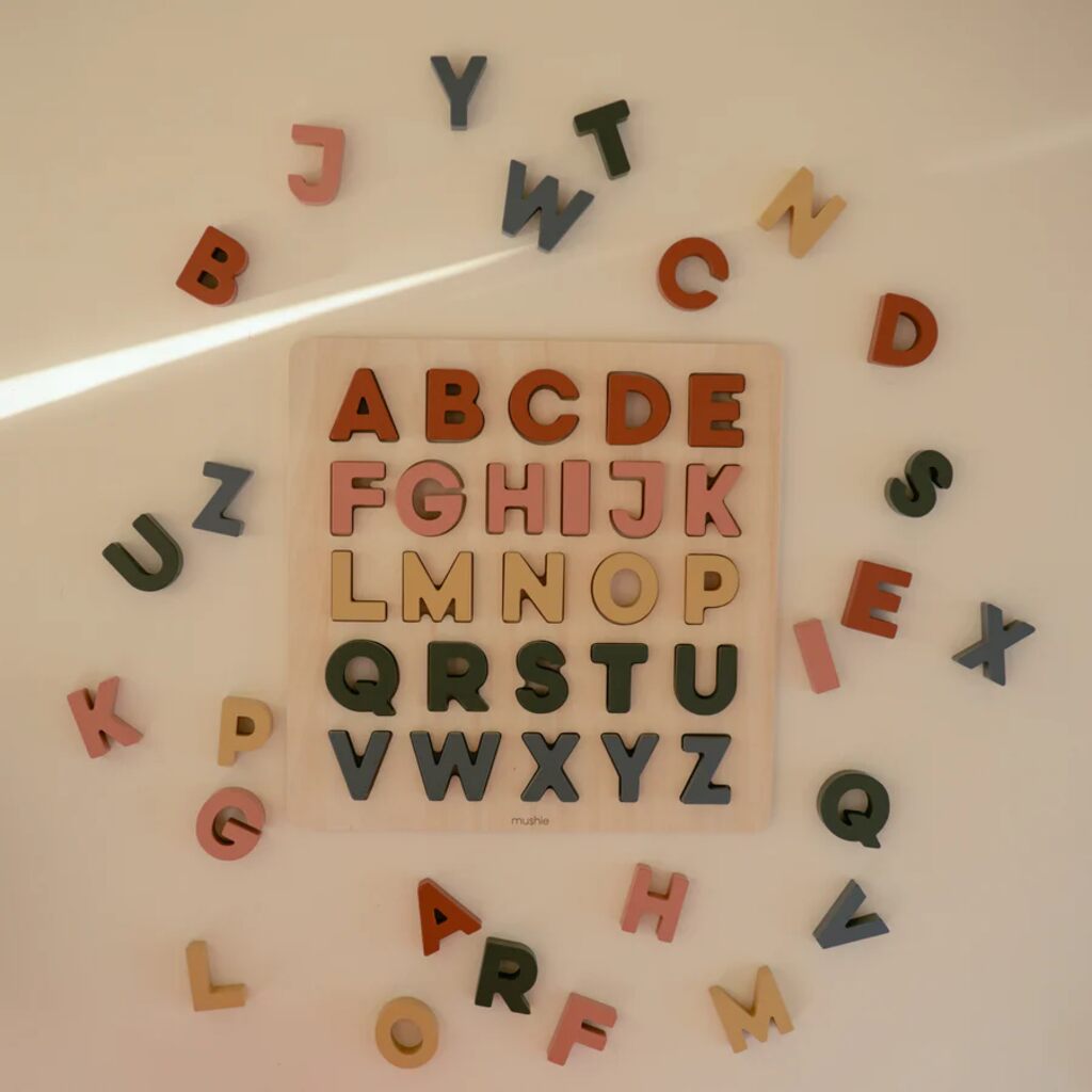 Mushie Wooden Alphabet Puzzle, Top View - ANB Baby