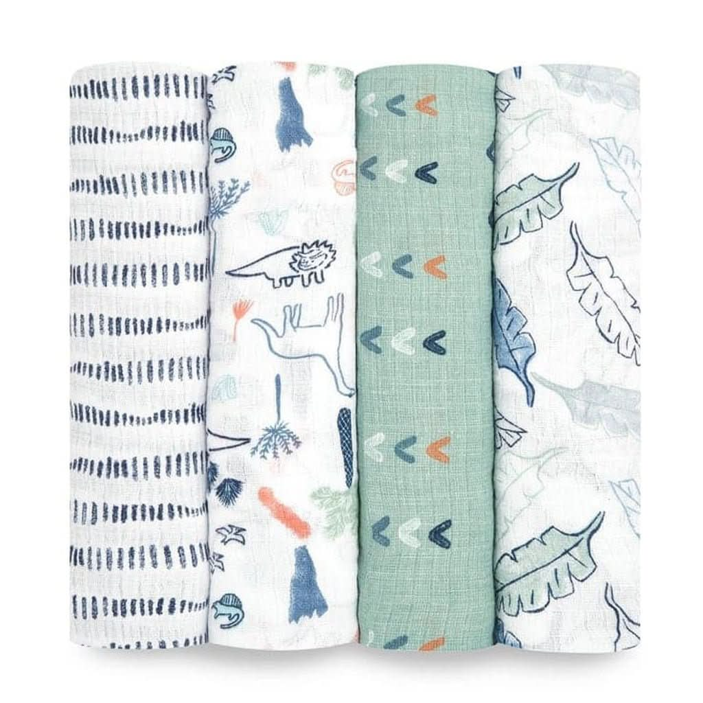 Aden & Anais Infant Essentials Muslin Swaddle Blankets, Dinotime, 4 - pack, ANB BABY