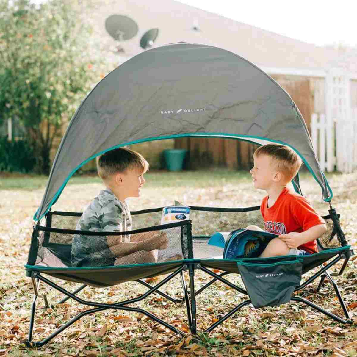 Go With Me Bungalow Deluxe Portable Travel Cot, Grey/Teal, 819956000770 - ANB Baby