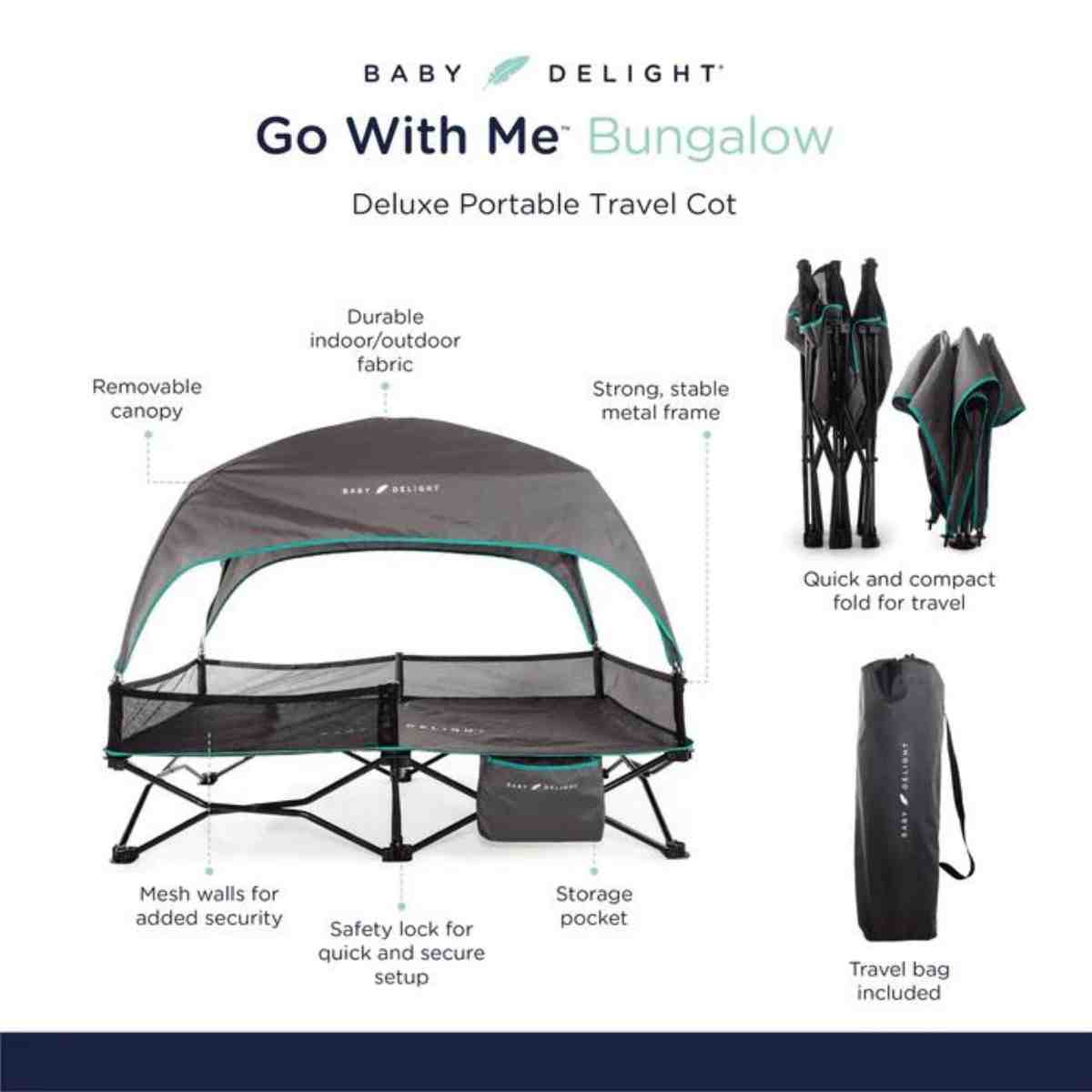 Go With Me Bungalow Deluxe Portable Travel Cot, Grey/Teal, 819956000770 - ANB Baby