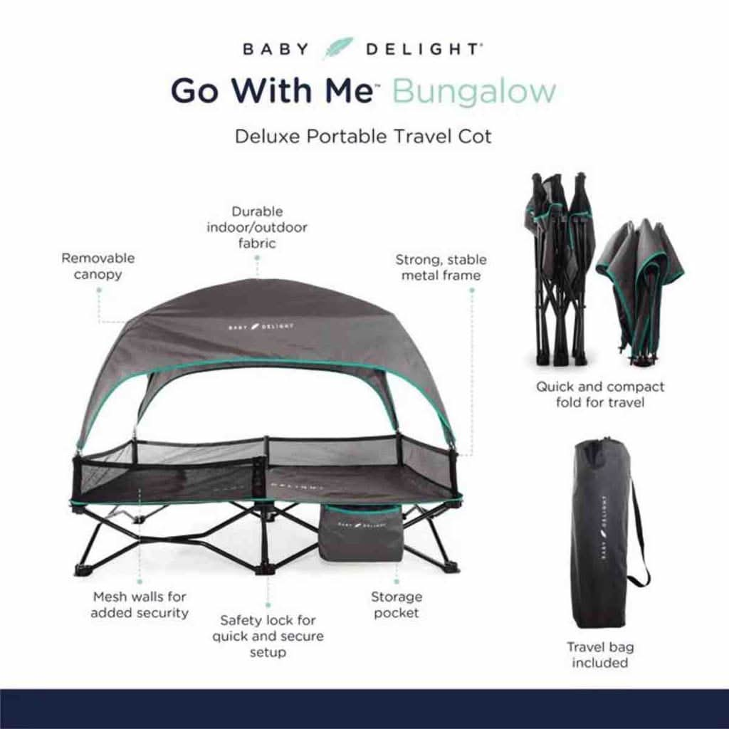 Go With Me Bungalow Deluxe Portable Travel Cot, Grey/Teal, ANB BABY