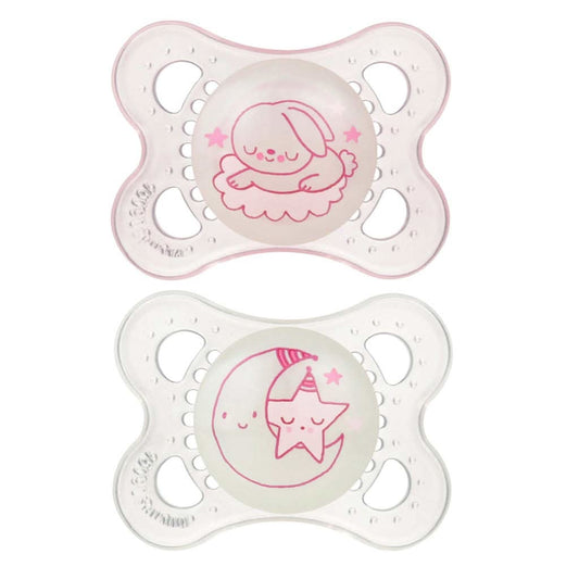 MAM Glow In The Dark Pacifiers 2 Pack for 0 - 6 Months, Pink, ANB BABY