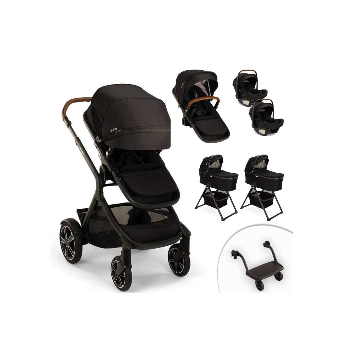 Nuna Demi Next Double Stroller + Rider Board + 2 Bassinets + 2 PIPA AIRE RX Travel System, Caviar, ANB BABY