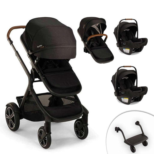 Nuna Demi Next Double Stroller + Rider Board + 2 PIPA AIRE RX Travel System, Caviar, ANB BABY