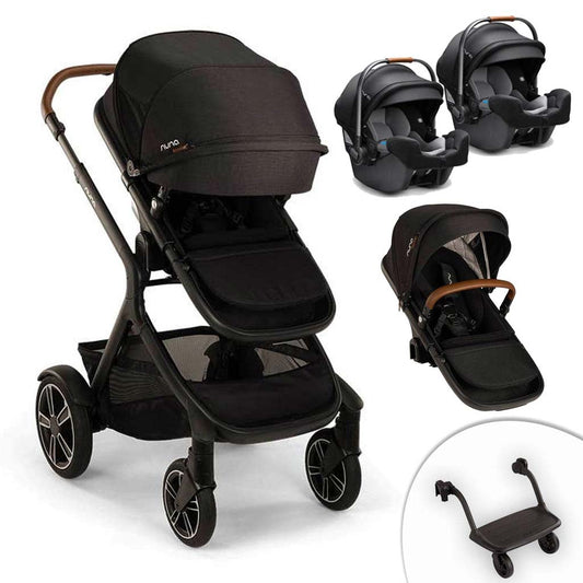 Nuna Demi Next Double Stroller + Rider Board + 2 PIPA RX Travel System, ANB BABY